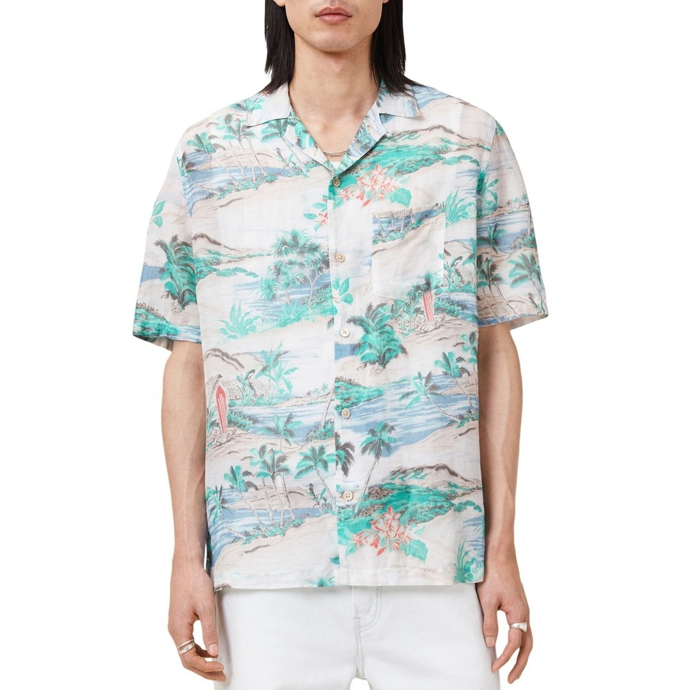 AllSaints Men's Tropical Print Camp Shirt Viscose‎ Linen Relaxed Fit Size Small